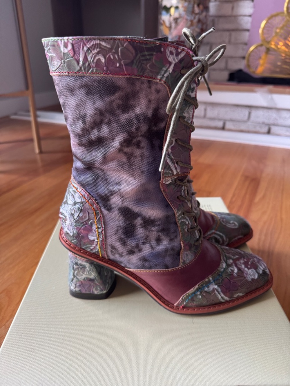 L'Artiste Women's Floral Lace-Up Ankle Boots in Burgundy and Green - Picture 4 of 8
